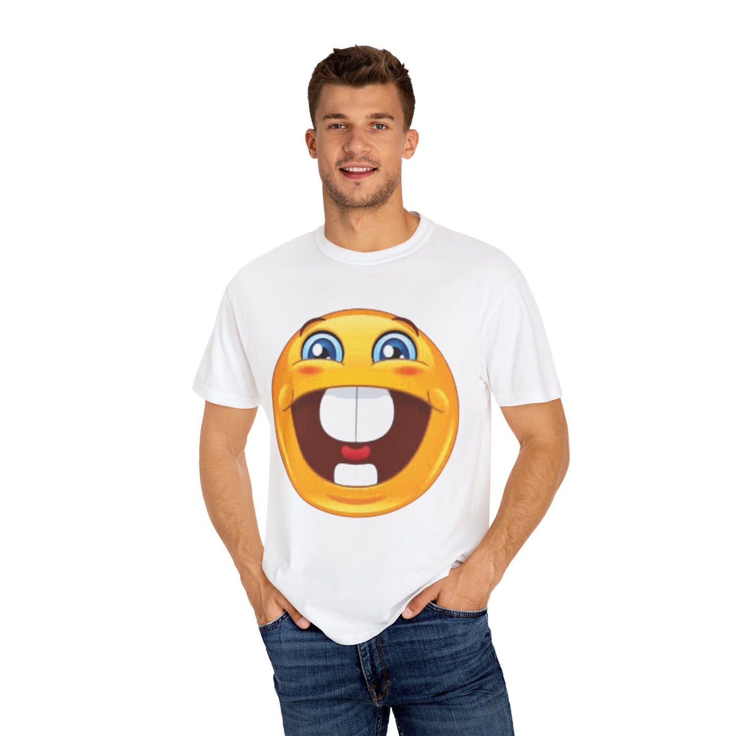 Smiling Emoji T-shirt - Unisex Garment-Dyed Tee, Fun Gift for Friends, Casual Wear, Summer Style, Birthday Gift, Feel Good Apparel